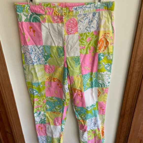 LILLY PULITZER Patchwork Print White Label Pants 8 - Picture 1 of 16